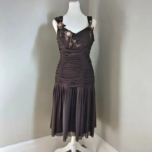 Vintage Sue Wong Mesh Dress Y2K Fairycore Drop Waist Brown Whimsygoth Size 6 - Picture 10 of 11